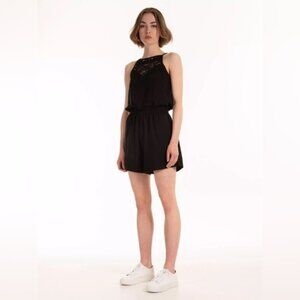 Black One Piece Shorts Romper Jumpsuit with Lace Medium